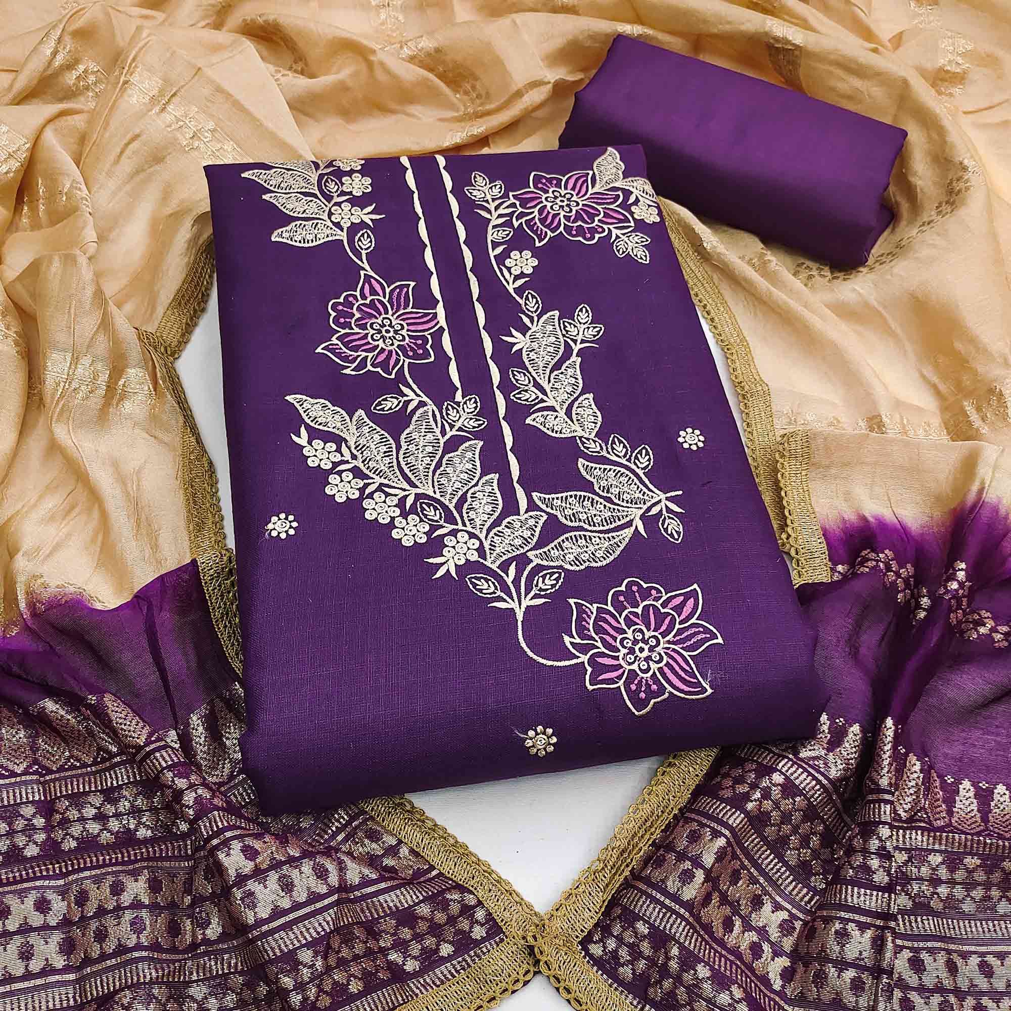 Purple Cotton Blend Dress Material Adorned With Elegant Floral Embroidery & Sequins Detailing