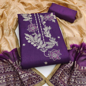 Purple Cotton Blend Dress Material Adorned With Elegant Floral Embroidery & Sequins Detailing