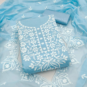 Designer Blue Floral Thread Embroidered Chanderi Cotton Dress Material