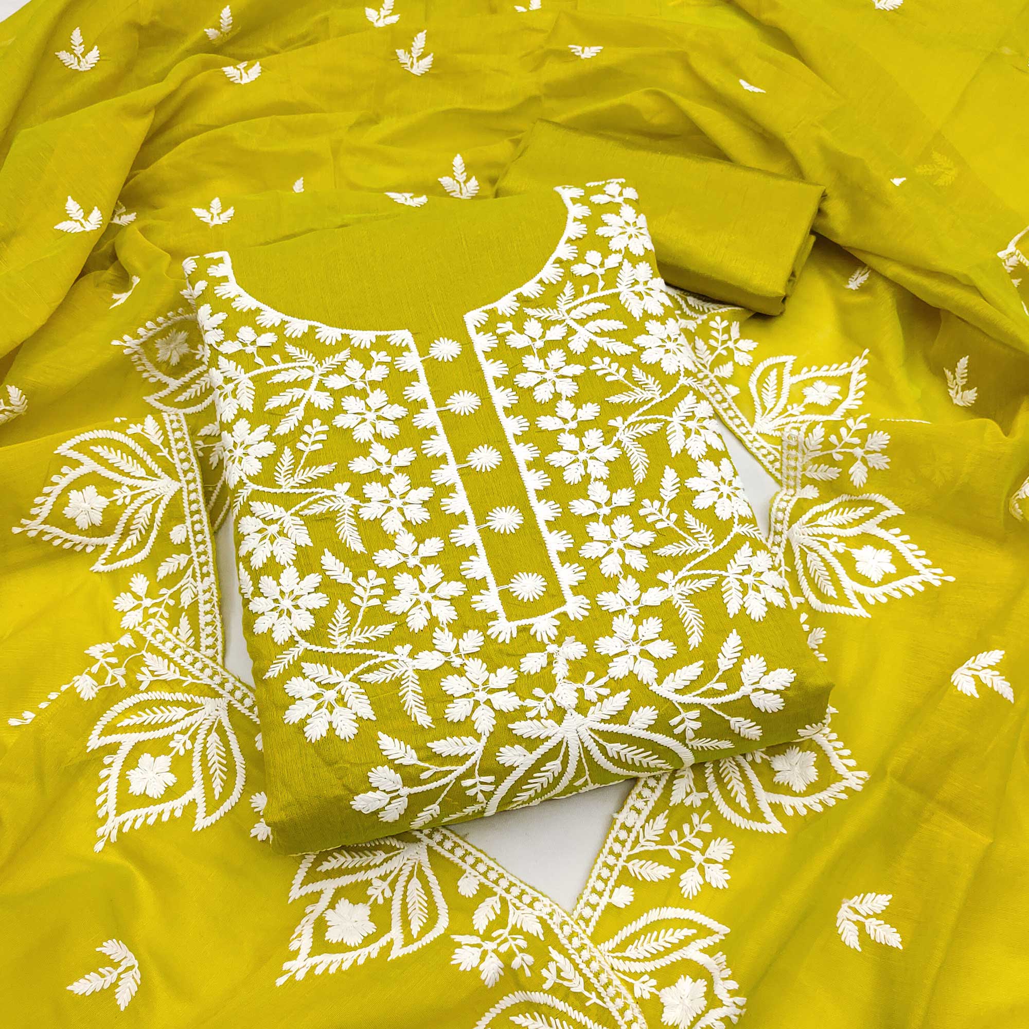 Designer Lemon Yellow Floral Thread Embroidered Chanderi Cotton Dress Material