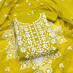 Designer Lemon Yellow Floral Thread Embroidered Chanderi Cotton Dress Material