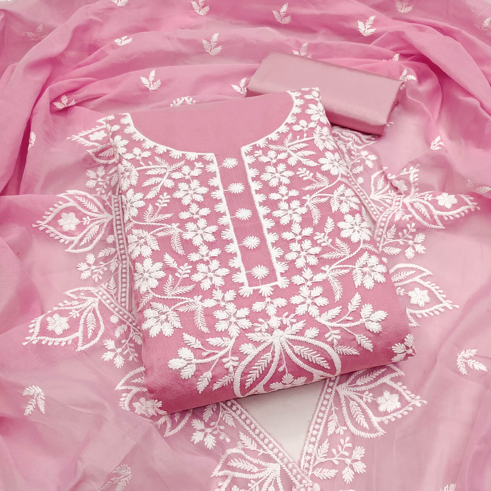 Designer Pink Floral Thread Embroidered Chanderi Cotton Dress Material