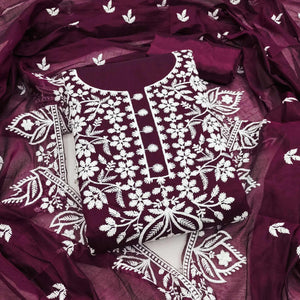Designer Wine Floral Thread Embroidered Chanderi Cotton Dress Material