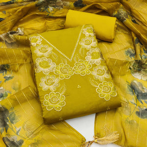 Ethnic Mustard Floral Thread Embroidered Roman Cotton Silk Dress Material With Subtle Sequins Work