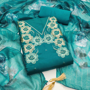 Ethnic Teal Floral Thread Embroidered Roman Cotton Silk Dress Material With Subtle Sequins Work