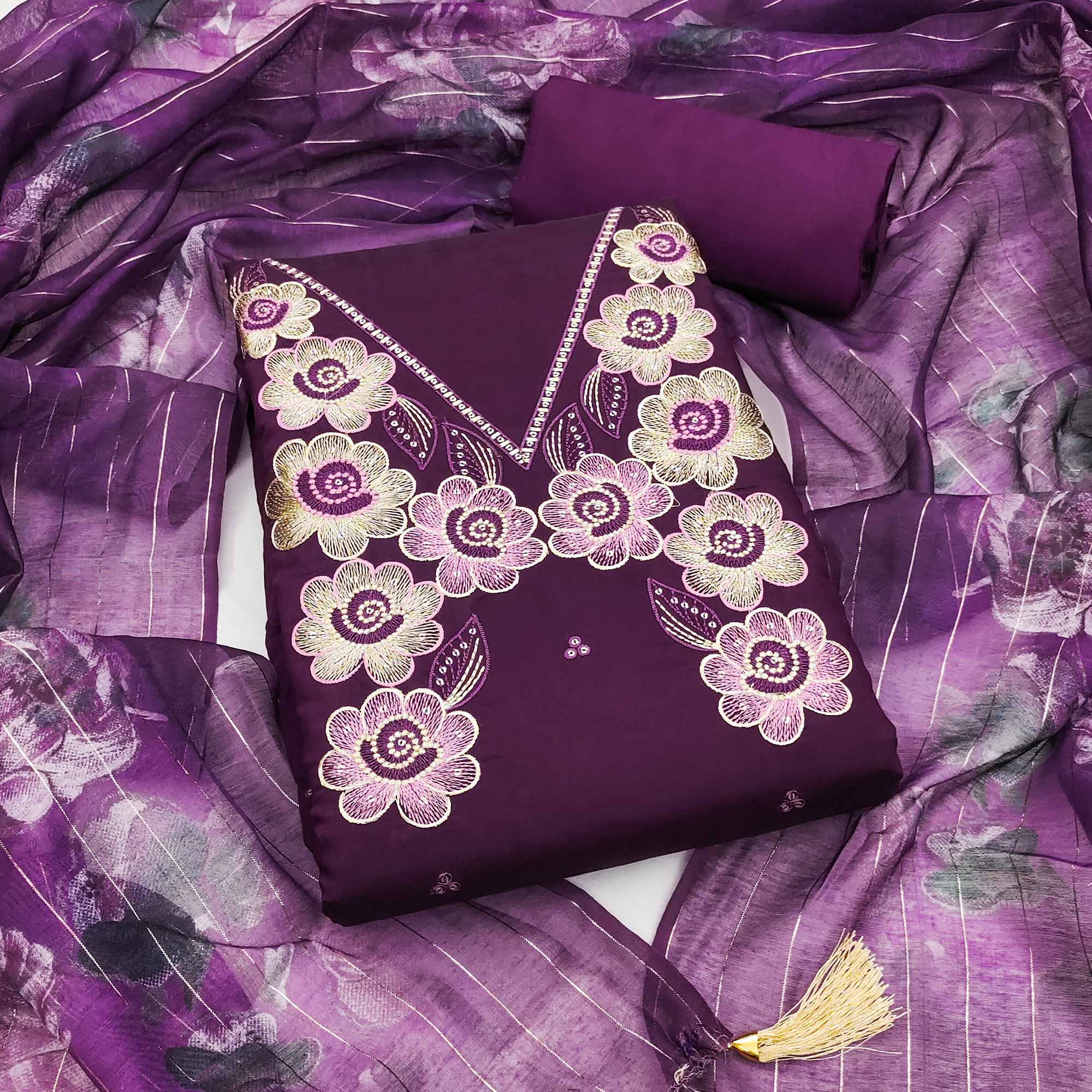 Ethnic Wine Floral Thread Embroidered Roman Cotton Silk Dress Material With Subtle Sequins Work