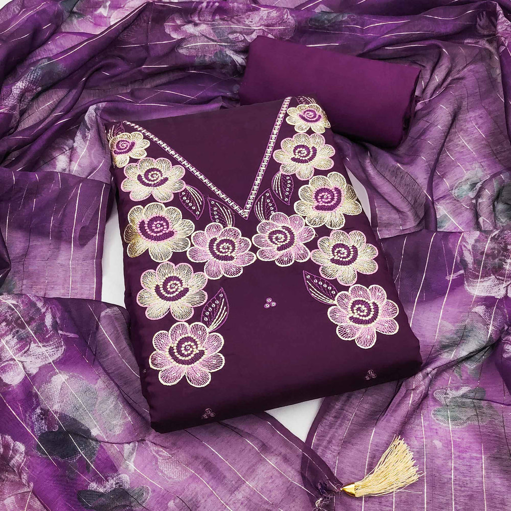 Ethnic Wine Floral Thread Embroidered Roman Cotton Silk Dress Material