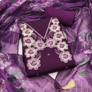 Ethnic Wine Floral Thread Embroidered Roman Cotton Silk Dress Material With Subtle Sequins Work