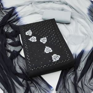 Black Cotton Blend Dress Material Featuring Thread Embroidery & Sequins Embellishment