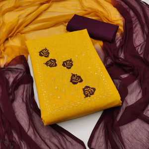 Mustard Cotton Blend Dress Material Featuring Thread Embroidery & Sequins Embellishment