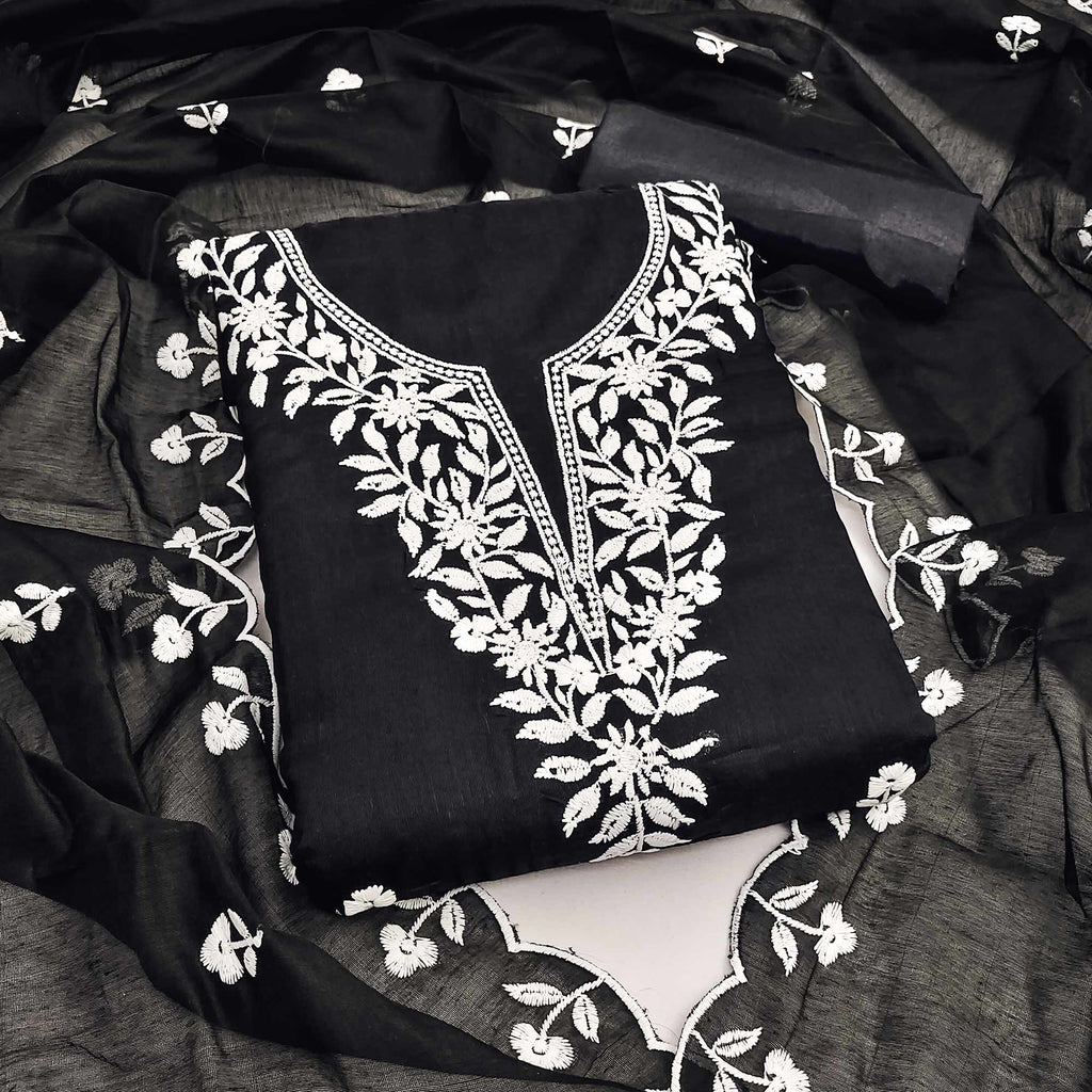 Black Chanderi Cotton Dress Material With Delicate Floral Thread Embro