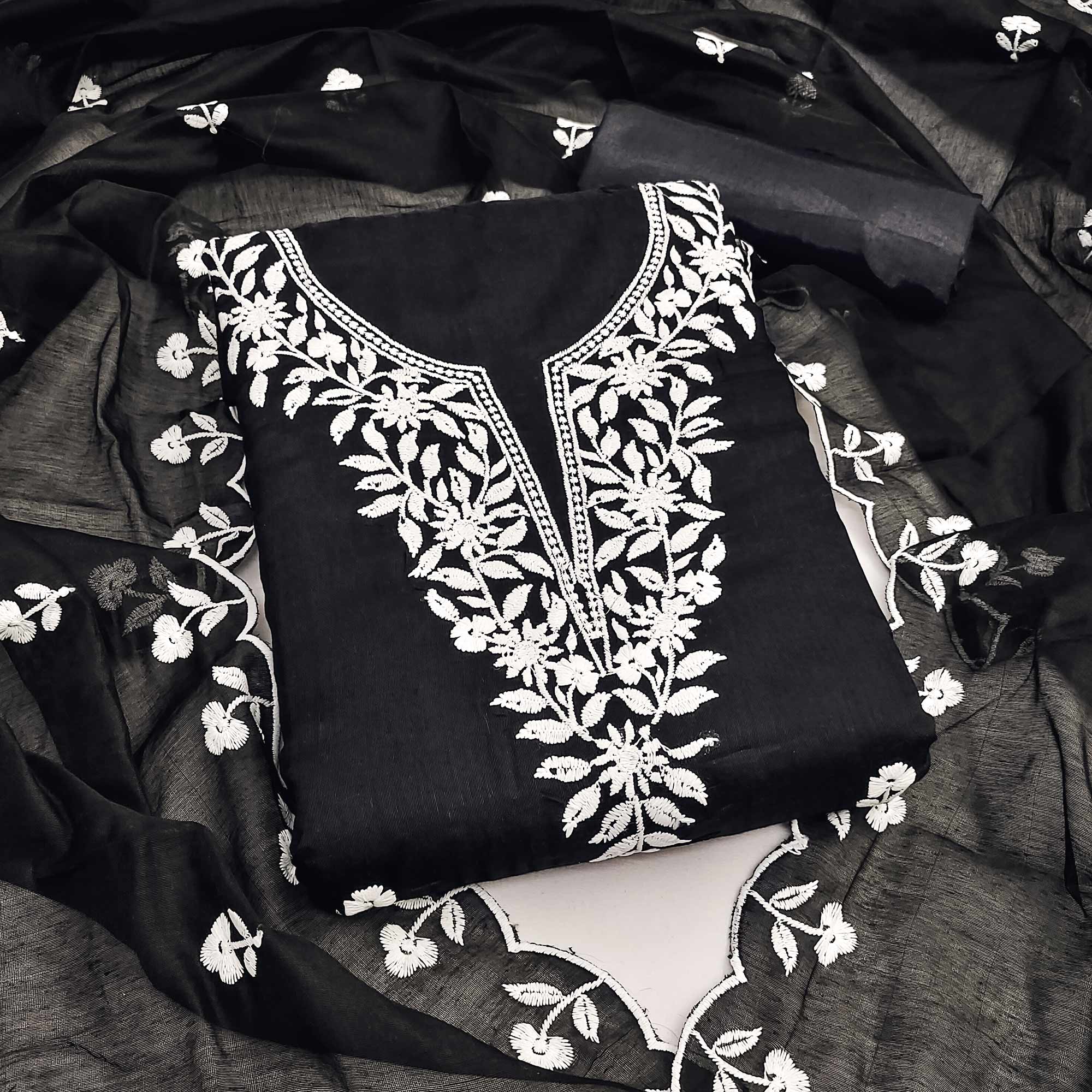 Black Chanderi Cotton Dress Material With Delicate Floral Thread Embroidery
