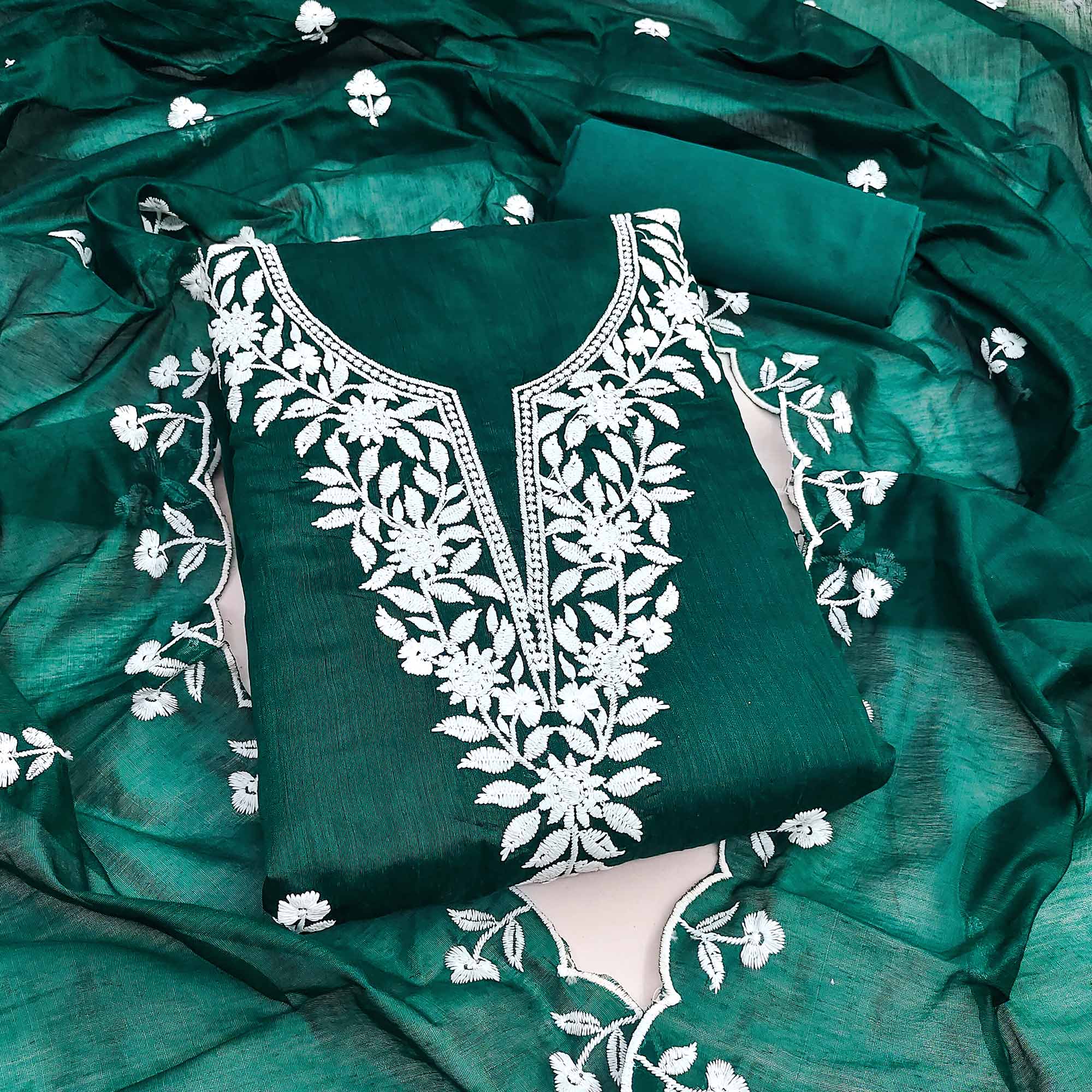 Green Chanderi Cotton Dress Material With Delicate Floral Thread Embroidery