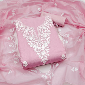 Pink Chanderi Cotton Dress Material With Delicate Floral Thread Embroidery