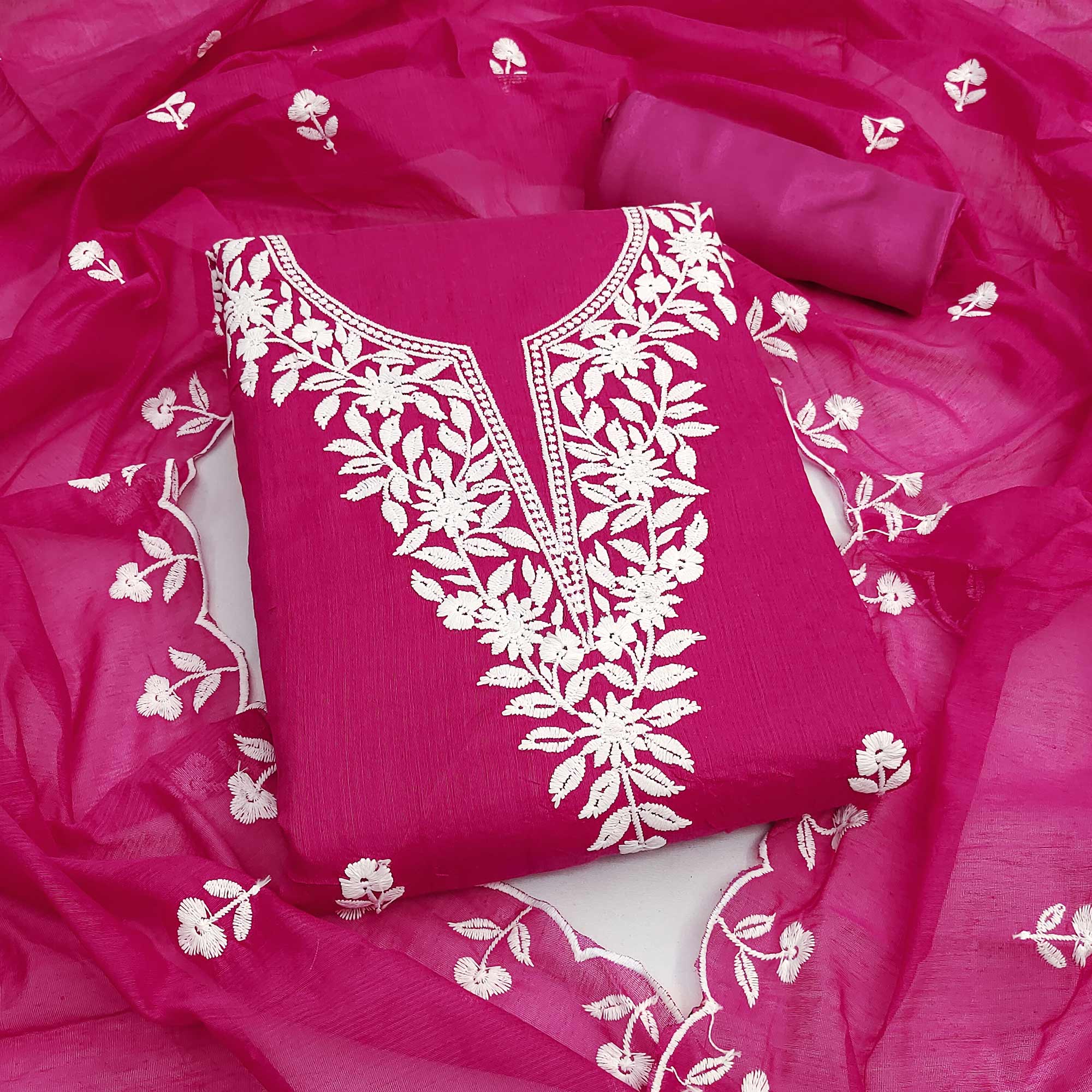 Rani Pink Chanderi Cotton Dress Material With Delicate Floral Thread Embroidery