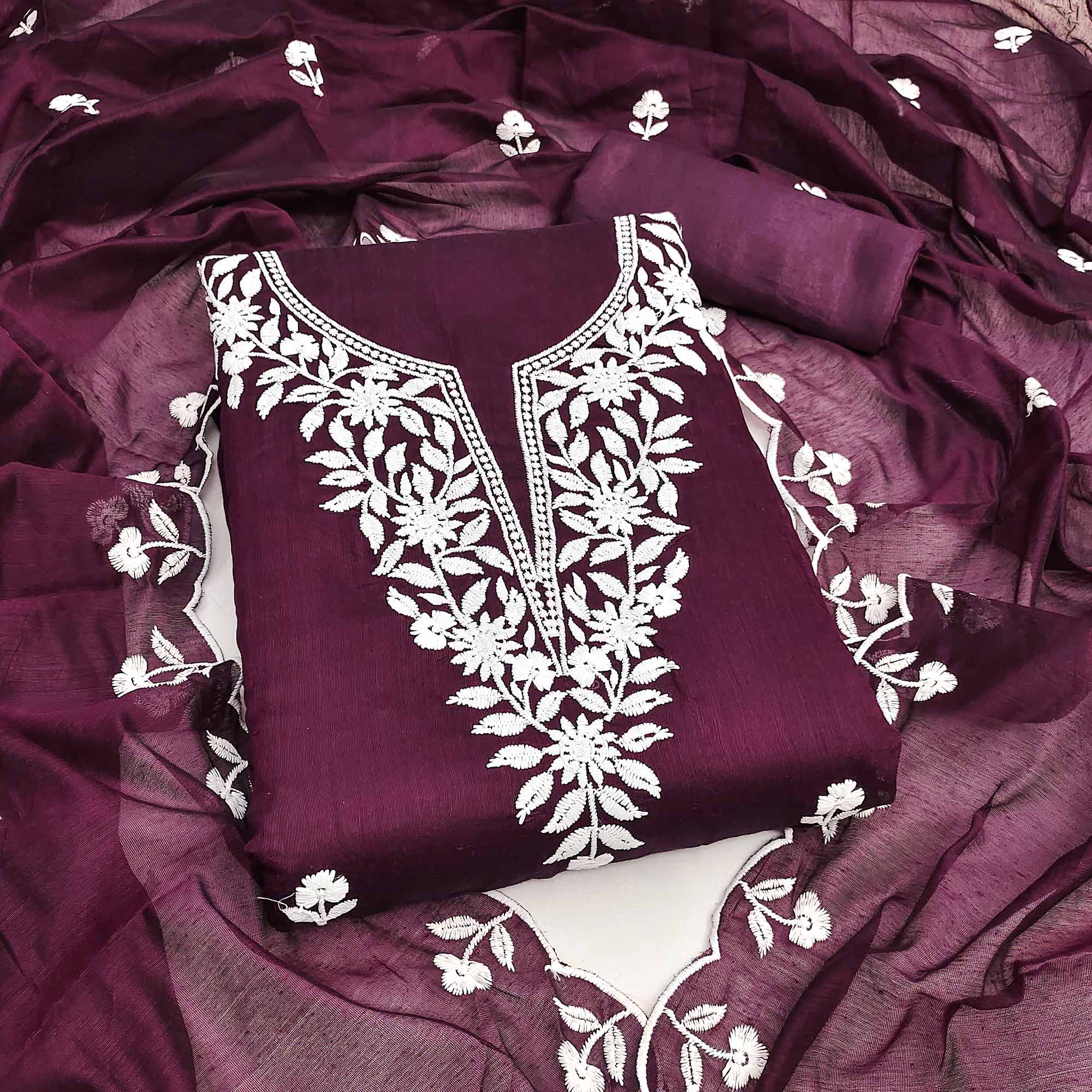 Wine Chanderi Cotton Dress Material With Delicate Floral Thread Embroidery