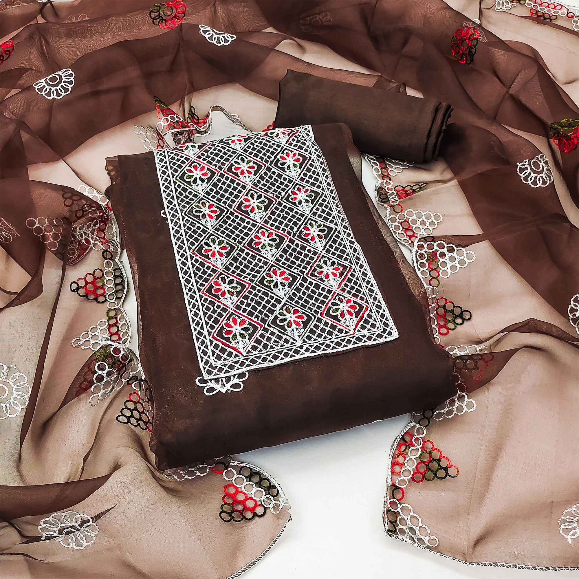 Brown Floral Embroidered Organza Dress Material