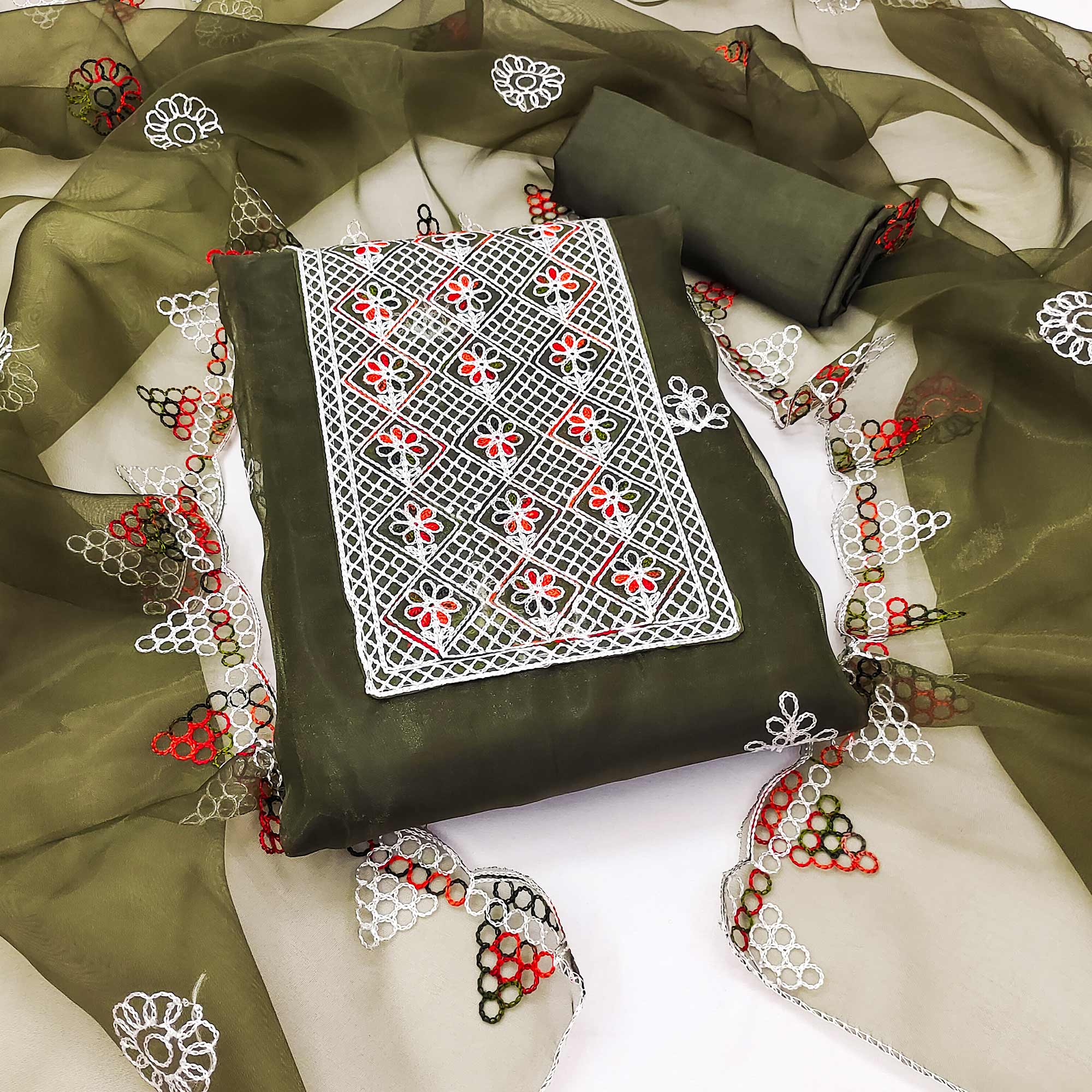 Mehendi Green Floral Embroidered Organza Dress Material