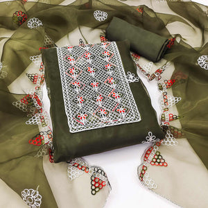 Mehendi Green Floral Embroidered Organza Dress Material