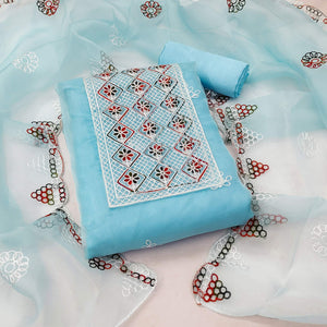 Sky Blue Floral Embroidered Organza Dress Material