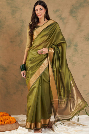Green Organza Saree In Organza With Delicate Weaving Border And Tassel Details