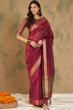 Maroon Organza Saree In Organza With Delicate Weaving Border And Tassel Details