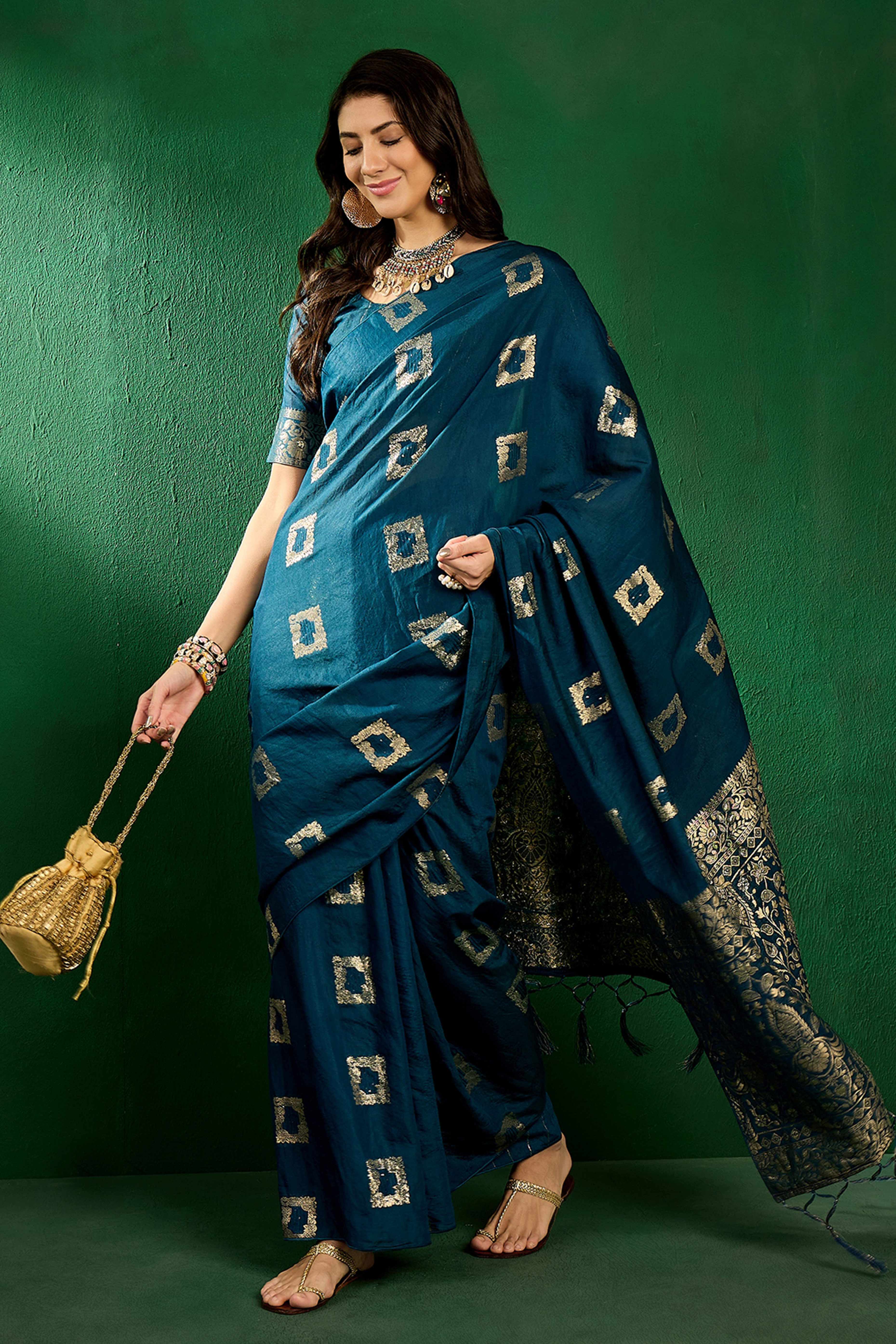 Morpich Blue Woven Staple Cotton Blend Saree With Intricate Floral Motifs & Tassel-Embellished Pallu