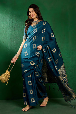 Morpich Blue Woven Staple Cotton Blend Saree With Intricate Floral Motifs & Tassel-Embellished Pallu