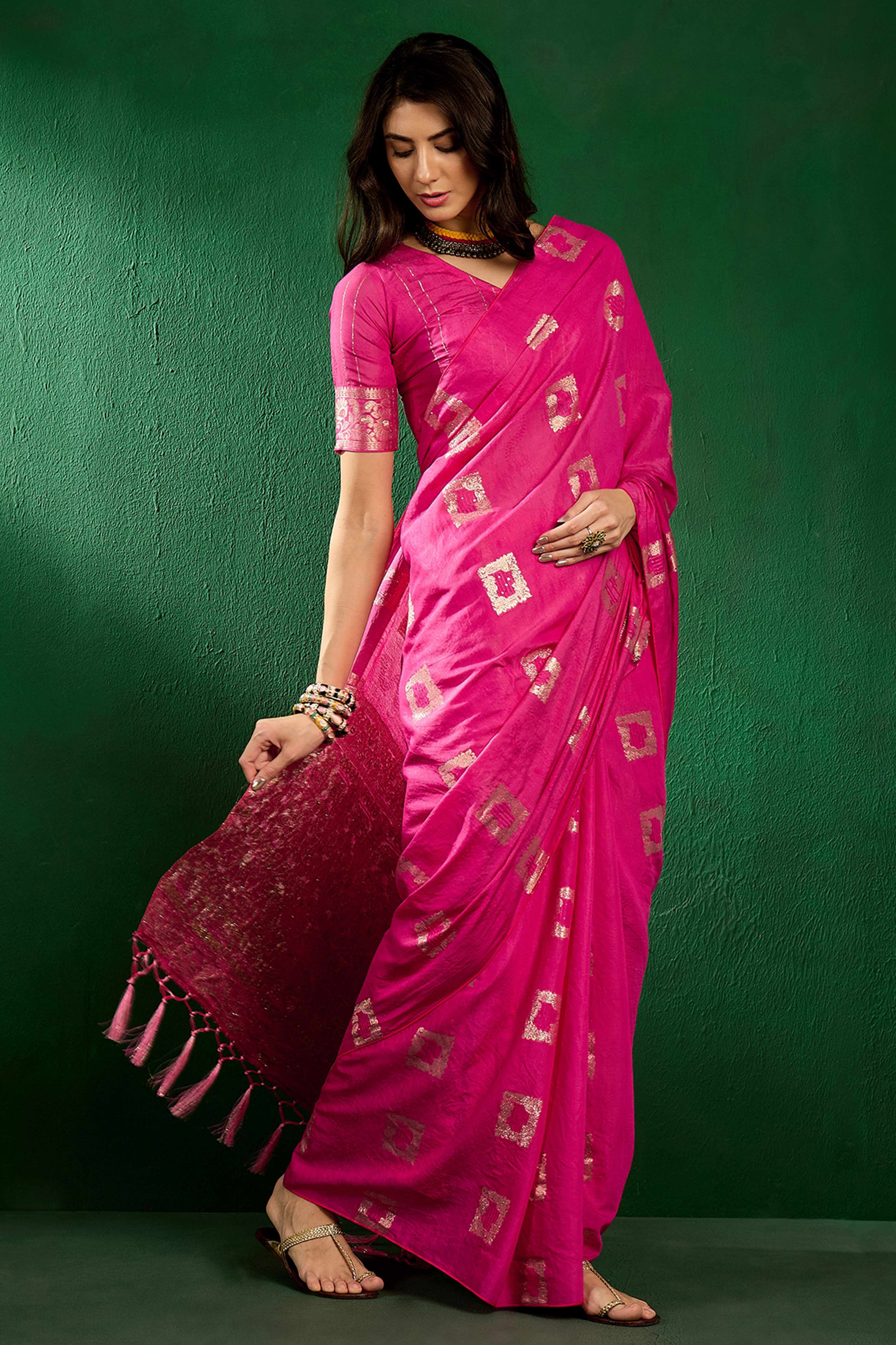 Rani Pink Woven Staple Cotton Blend Saree With Intricate Floral Motifs & Tassel-Embellished Pallu