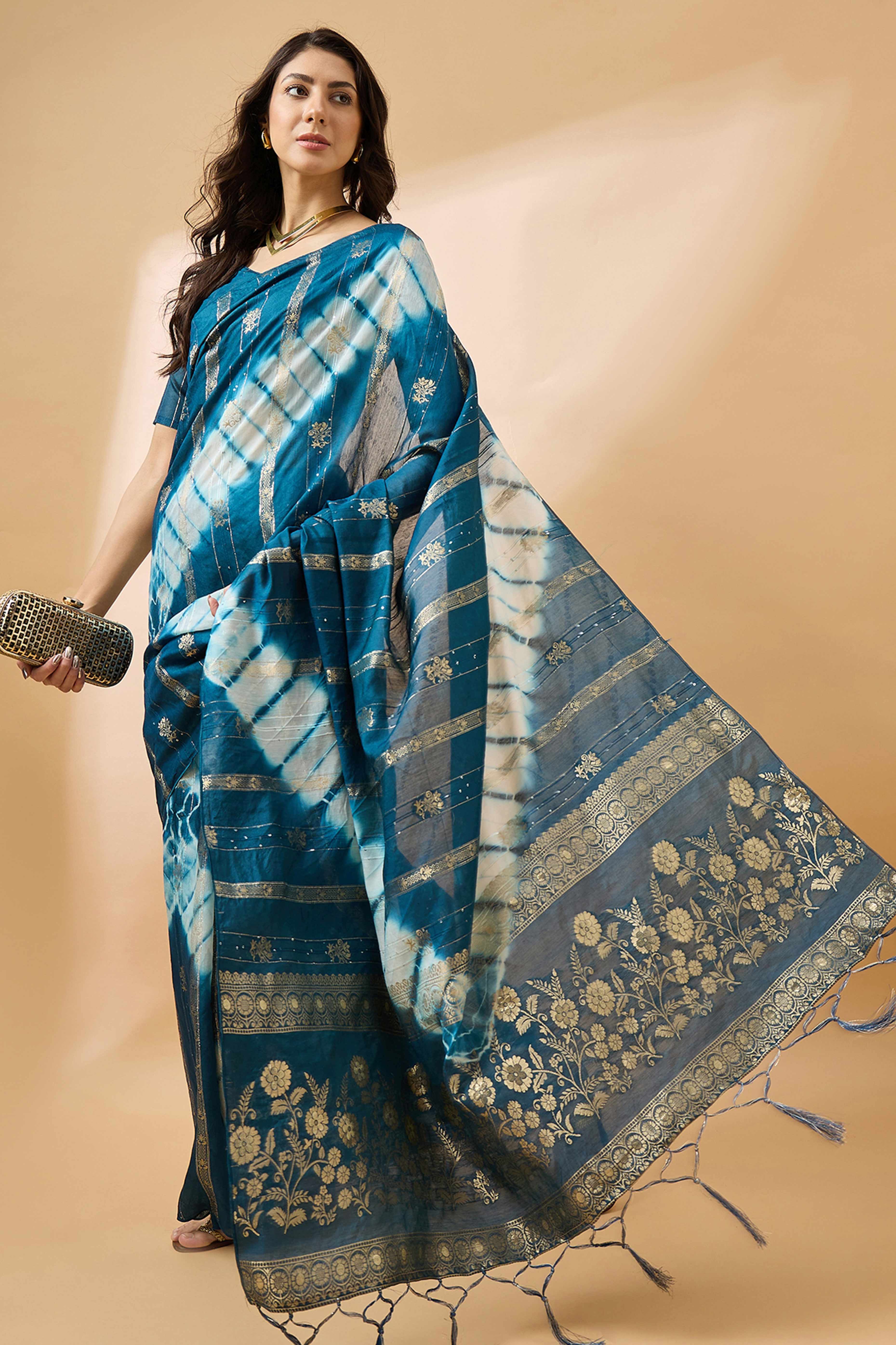 Blue Floral Woven Staple Cotton Blend Saree Highlighted With Sequins Embroidery & Tasselled Pallu