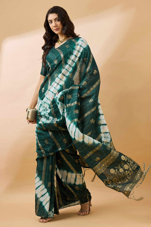 Green Floral Woven Staple Cotton Blend Saree Highlighted With Sequins Embroidery & Tasselled Pallu