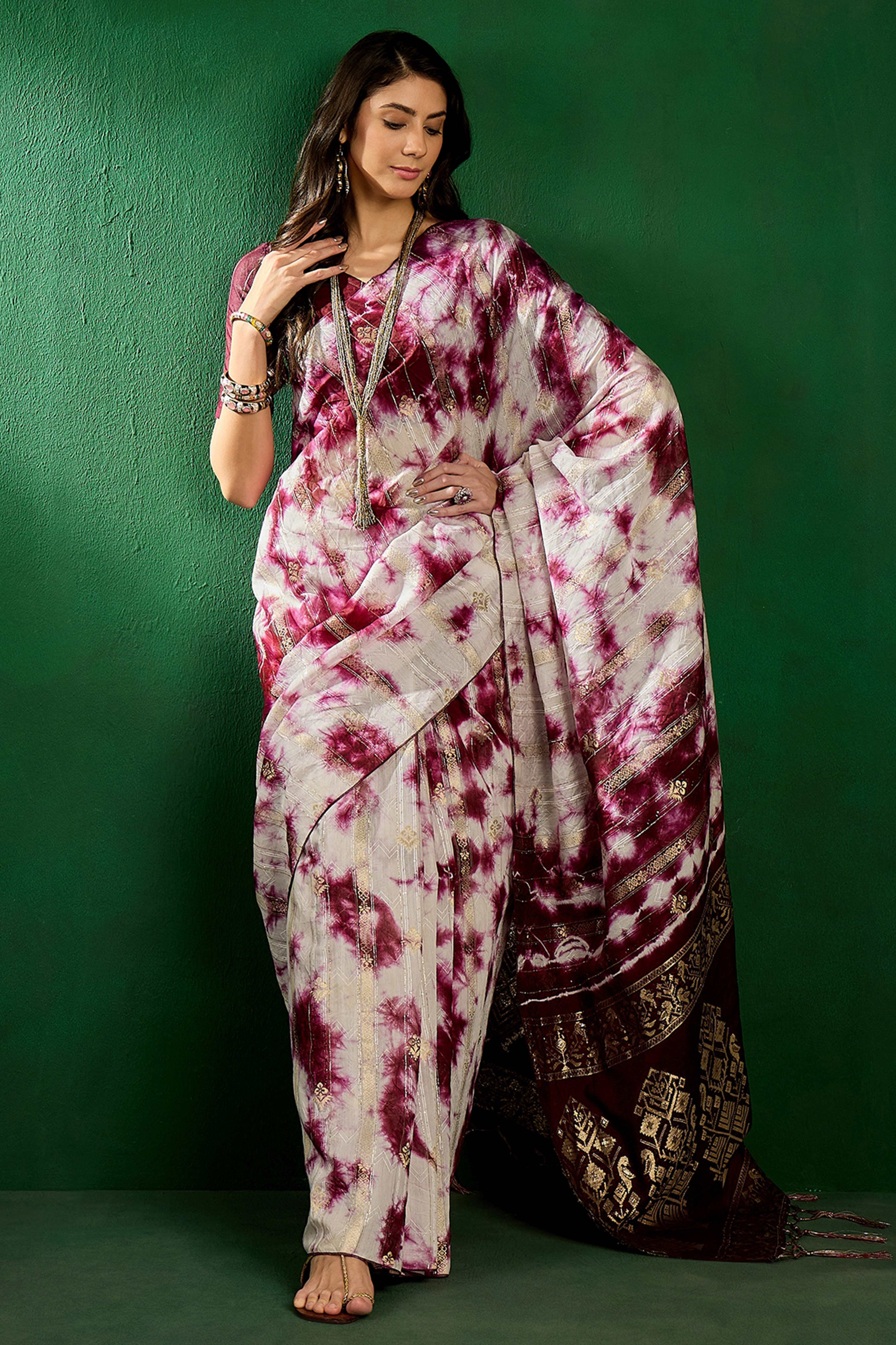 Floral Zari Woven Wine Saree In Cotton Blend With Sparkling Sequins & Elegant Tassel Pallu