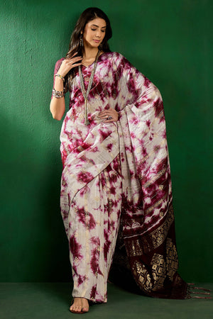 Floral Zari Woven Wine Saree In Cotton Blend With Sparkling Sequins & Elegant Tassel Pallu