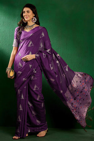 Purple Floral Woven Staple Cotton Blend Saree With Sparkling Sequin Embroidery & Graceful Tassel Pallu