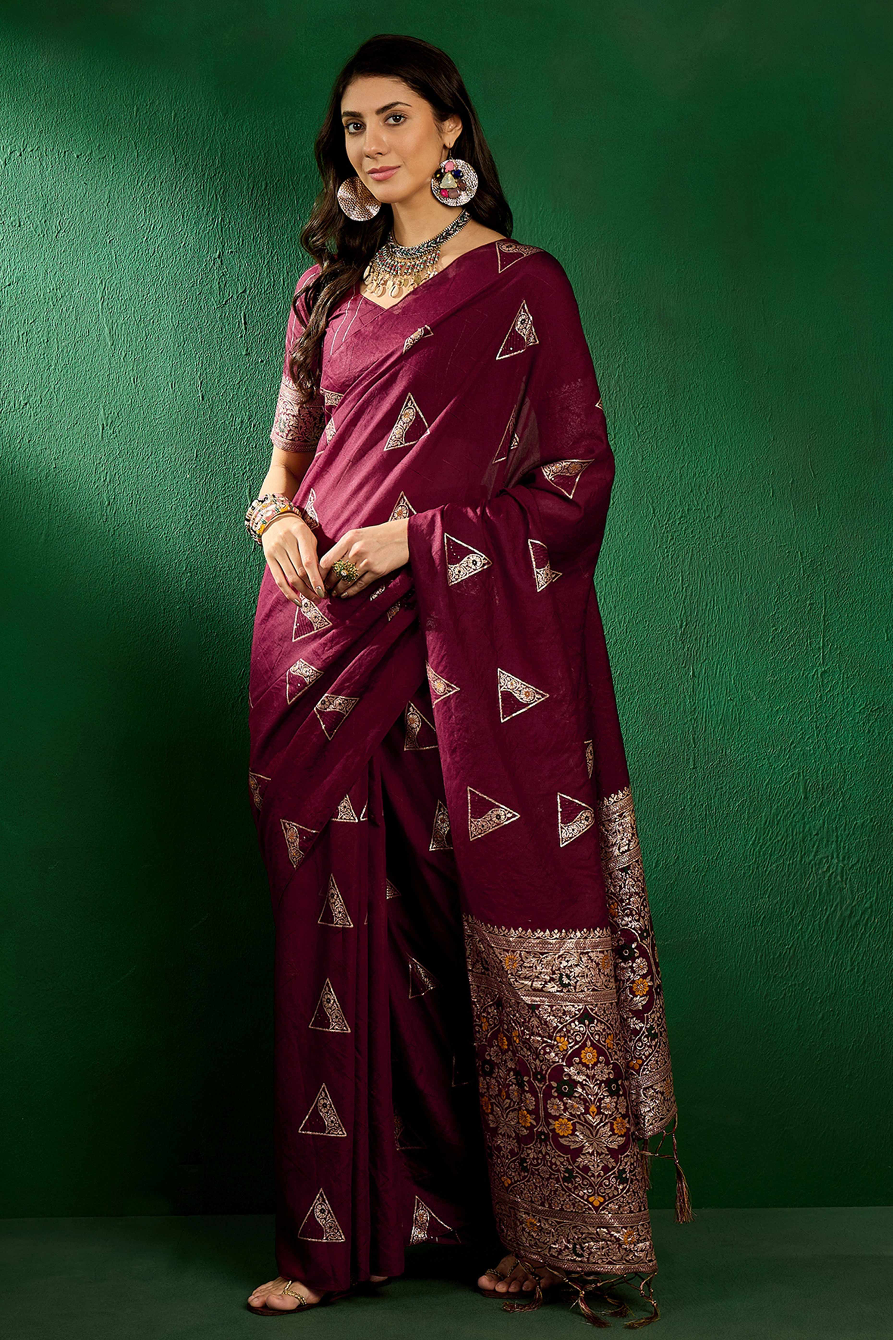 Wine Floral Woven Staple Cotton Blend Saree With Sparkling Sequin Embroidery & Graceful Tassel Pallu
