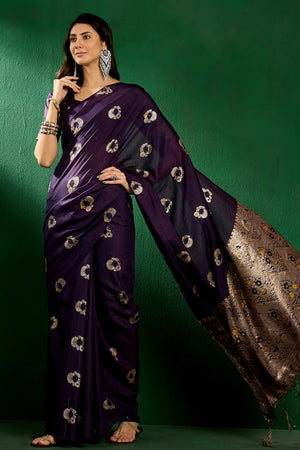 Dark Purple Cotton Blend Meena Jacquard Saree Enhanced With Floral Weaving & Tassel Pallu
