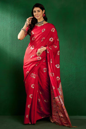 Red Cotton Blend Meena Jacquard Saree Enhanced With Floral Weaving & Graceful Tassel Pallu
