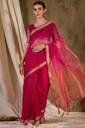 Pink Organza Silk Saree Featuring Shimmering Sequins Embroidery & Elegant Tasselled Pallu