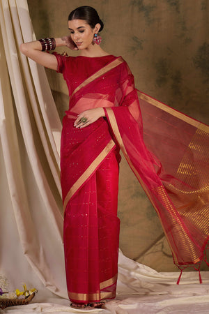 Red Organza Silk Saree Featuring Shimmering Sequins Embroidery & Elegant Tasselled Pallu
