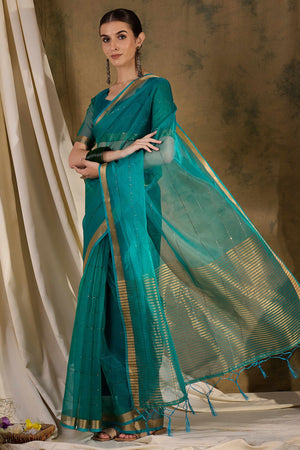 Teal Organza Silk Saree Featuring Shimmering Sequins Embroidery & Elegant Tasselled Pallu