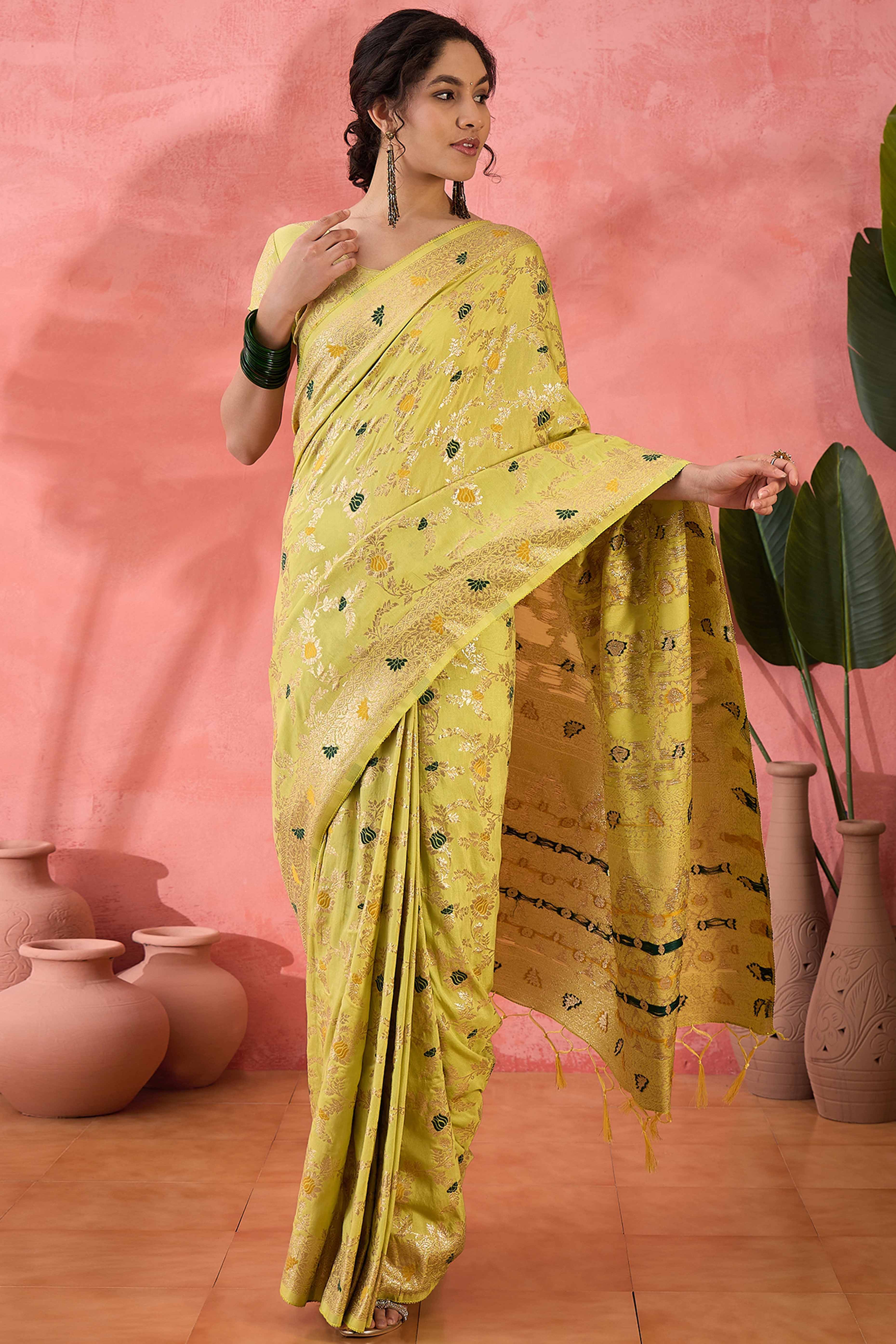 Light Yellow Cotton Blend Jacquard Saree Featuring Intricate Floral Weaving & Tassels On The Pallu