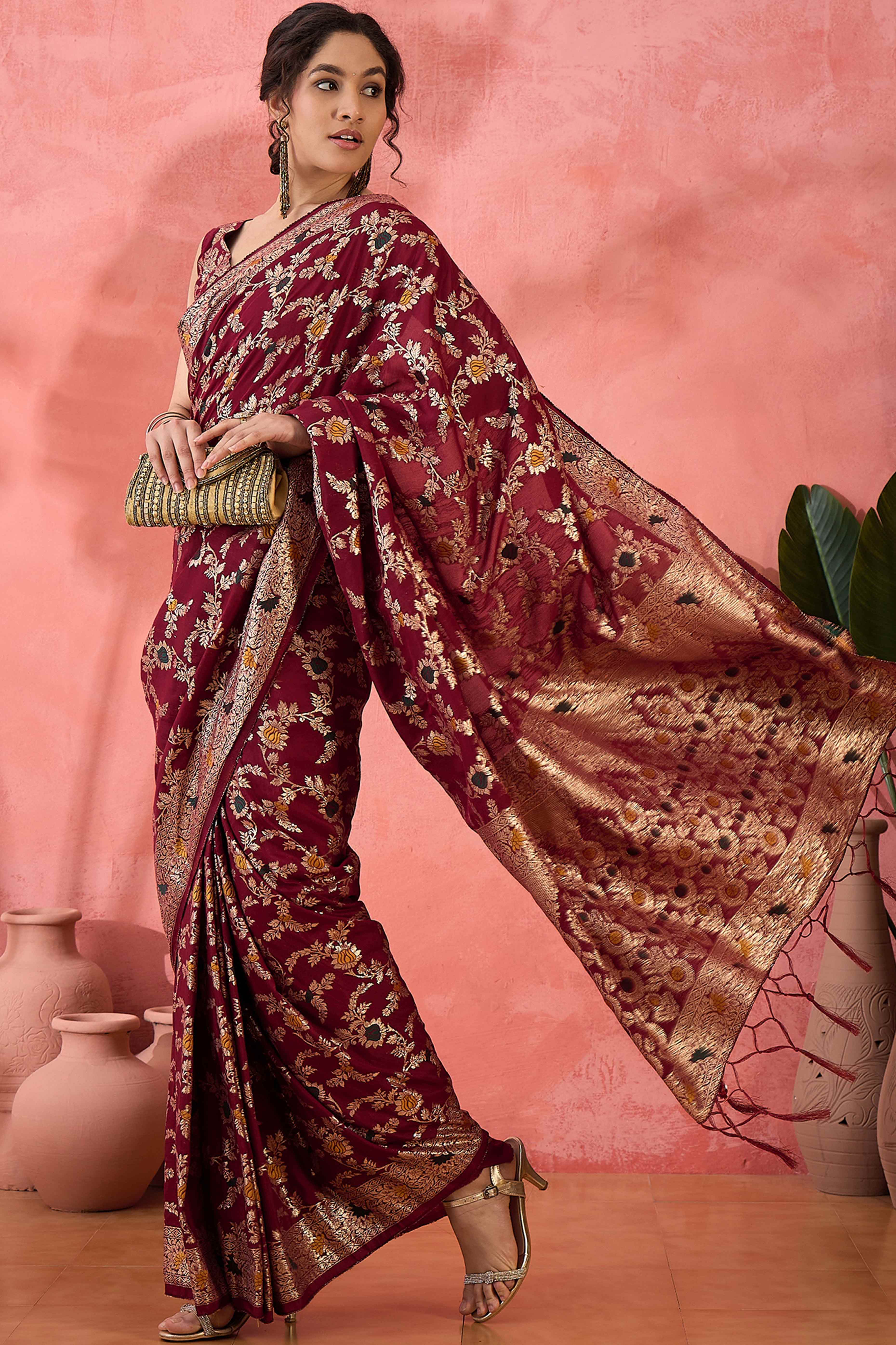 Maroon Cotton Meena jacquard Saree Featuring Intricate Floral Weaving & Tassels On The Pallu