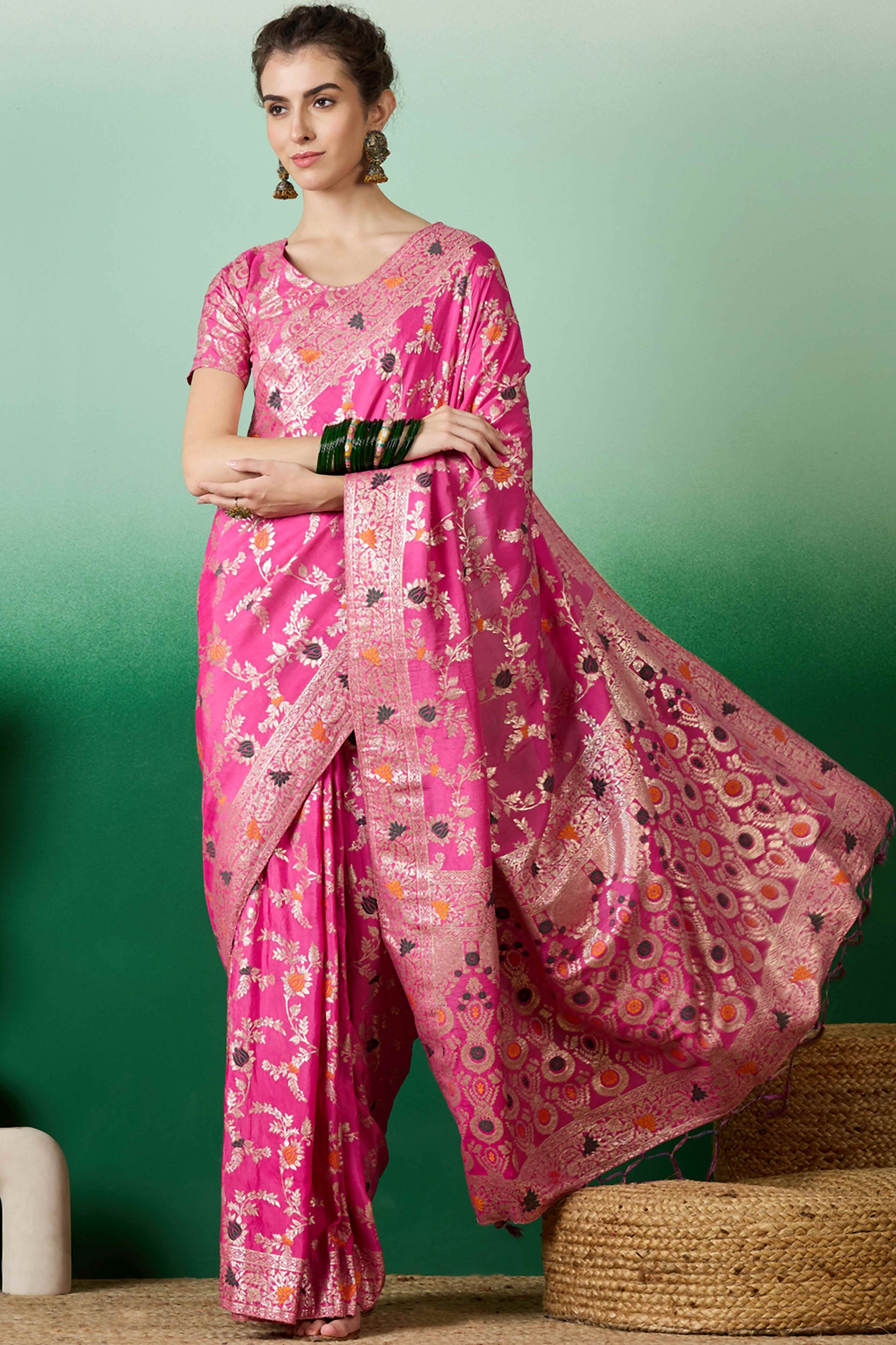 Pink Cotton Meena Jacquard Saree Featuring Intricate Floral Weaving & Tassels On The Pallu