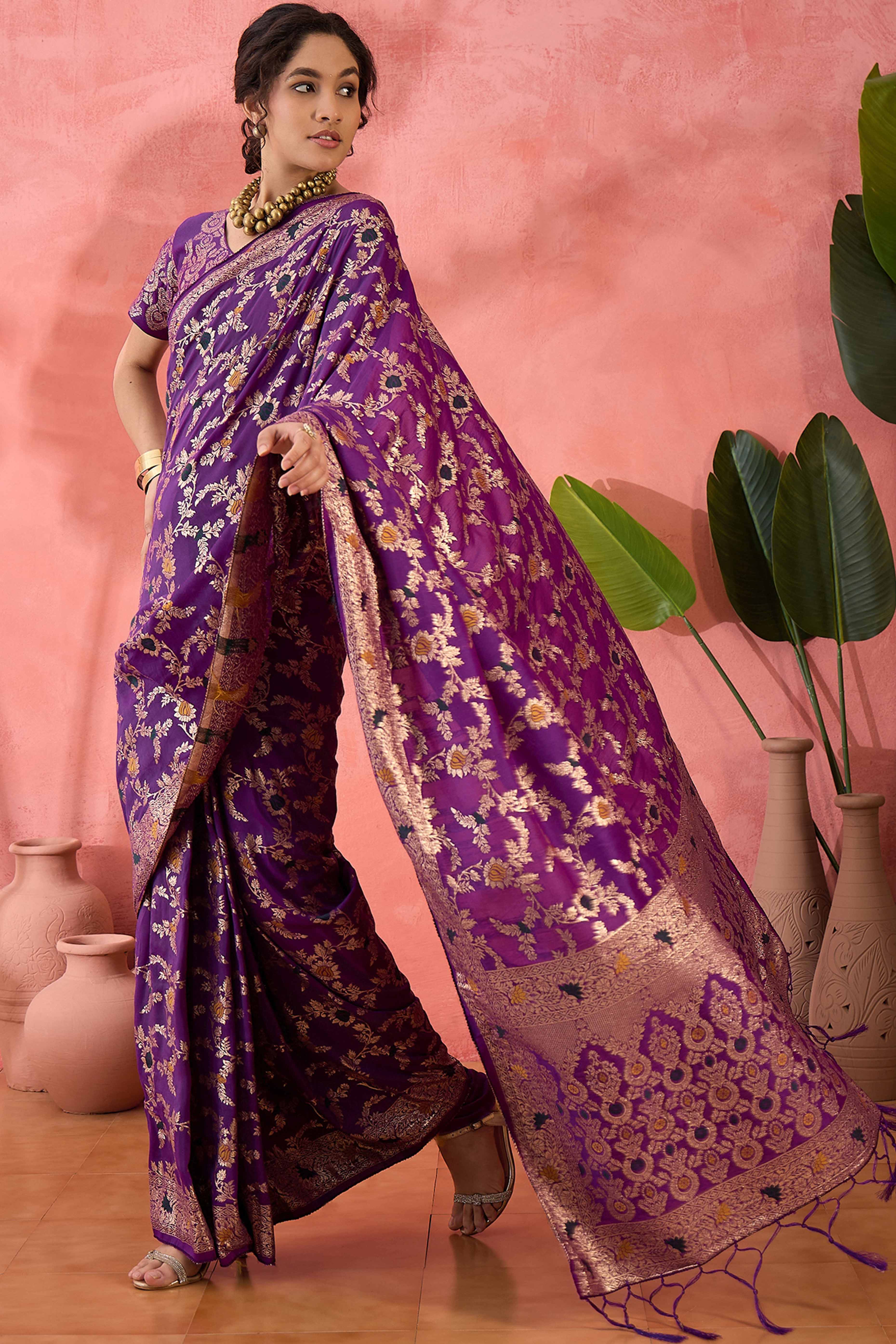 Purple Cotton Meena jacquard Saree Featuring Intricate Floral Weaving & Tassels On The Pallu