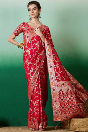 Red Cotton Meena jacquard Saree Featuring Intricate Floral Weaving & Playful Tassels On The Pallu