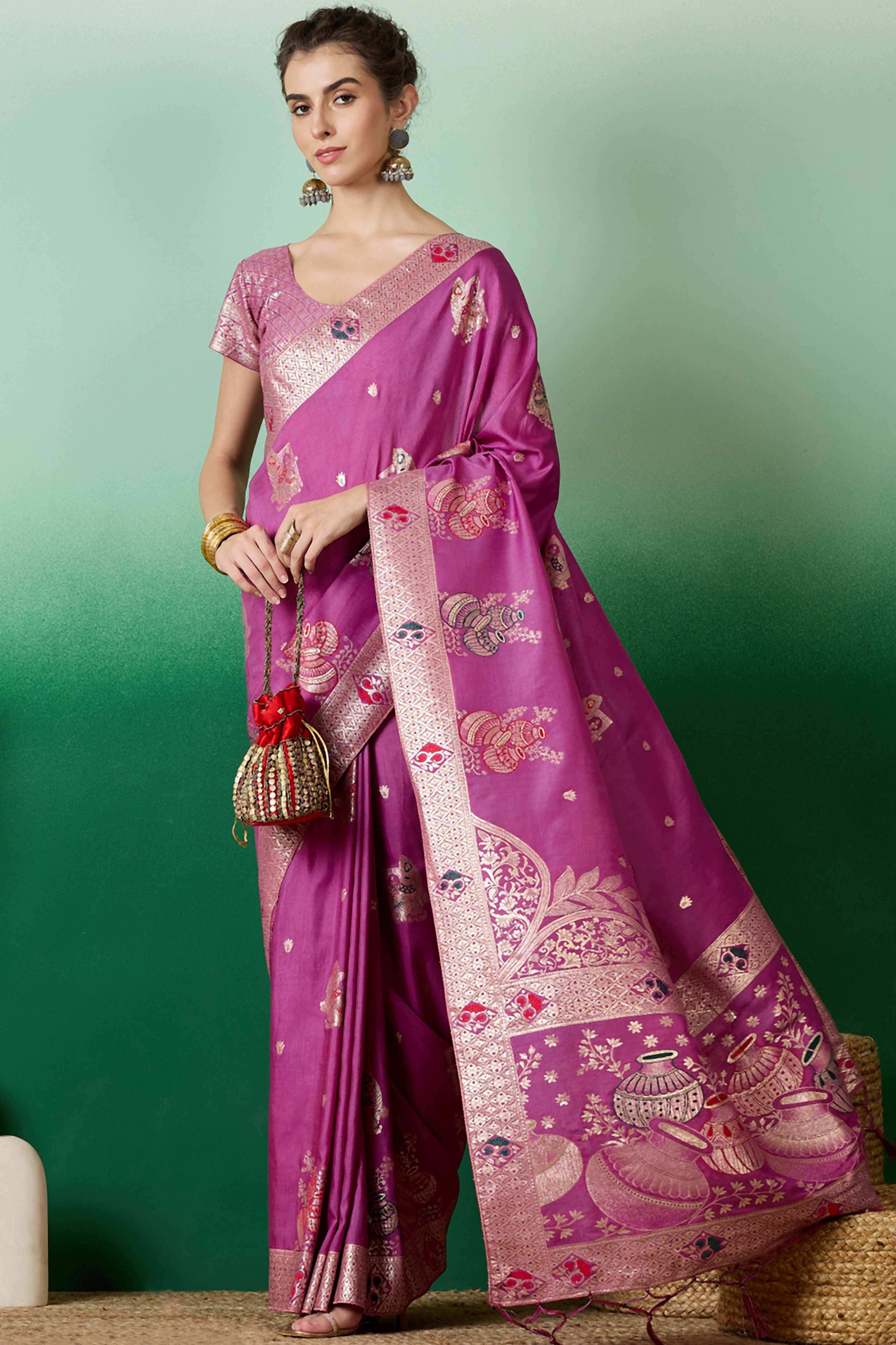 Magenta Cotton Blend Saree Adorned With Floral Zari Weaving & Soft Tassel Accents