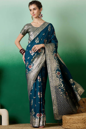 Teal Cotton Blend Saree Embellished With Floral Zari Weaving & Tasselled Pallu
