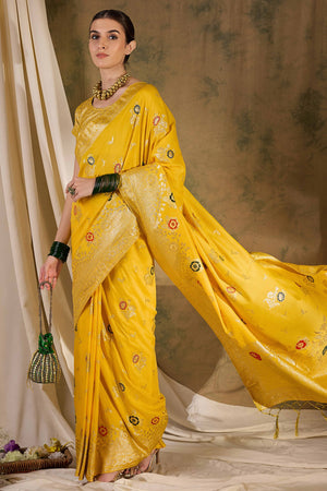 Yellow Cotton Blend Saree Embellished With Floral Zari Weaving & Tasselled Pallu