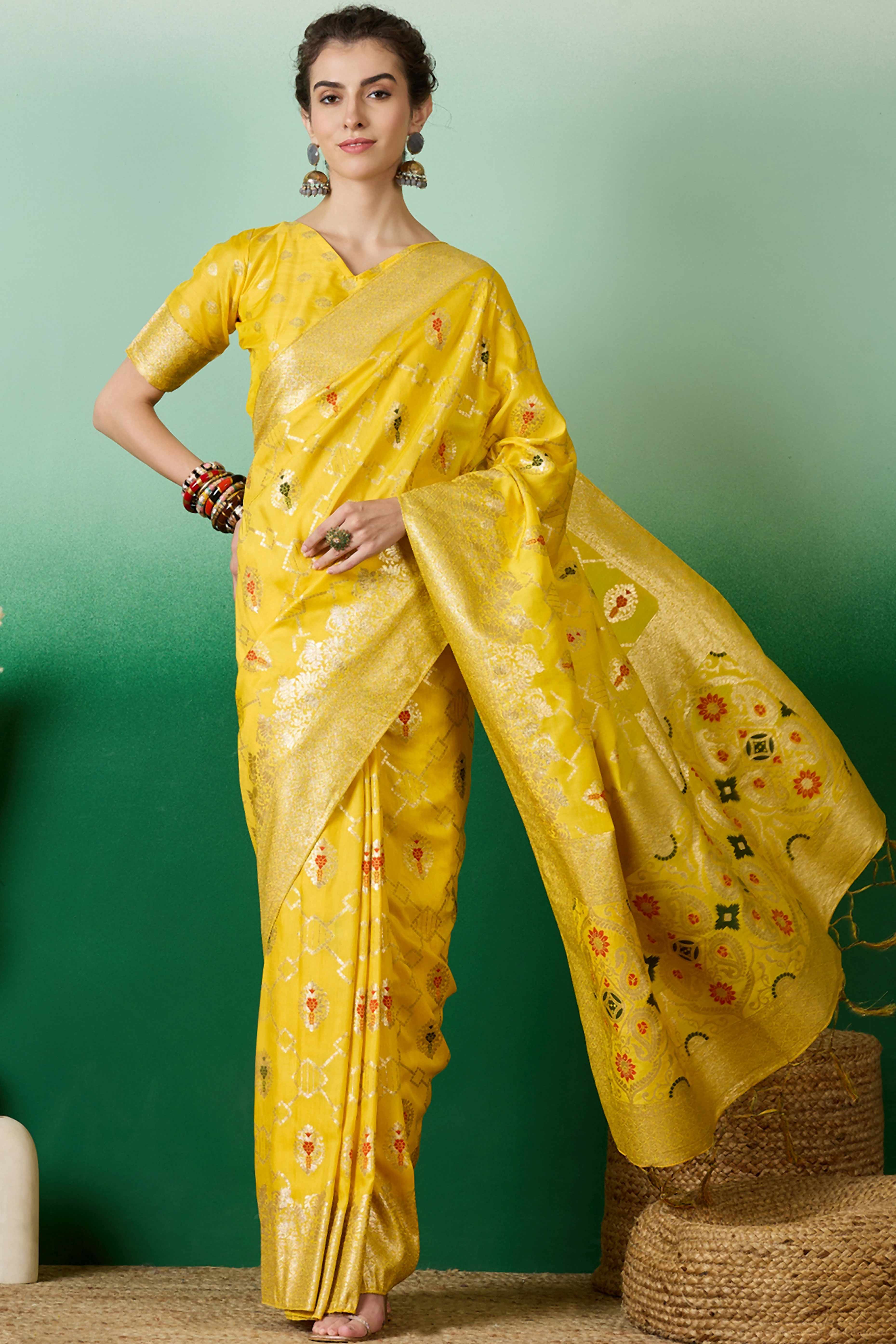 Yellow Zari Woven Staple Cotton Blend Saree With Floral Motifs & Tassel Detailed Pallu