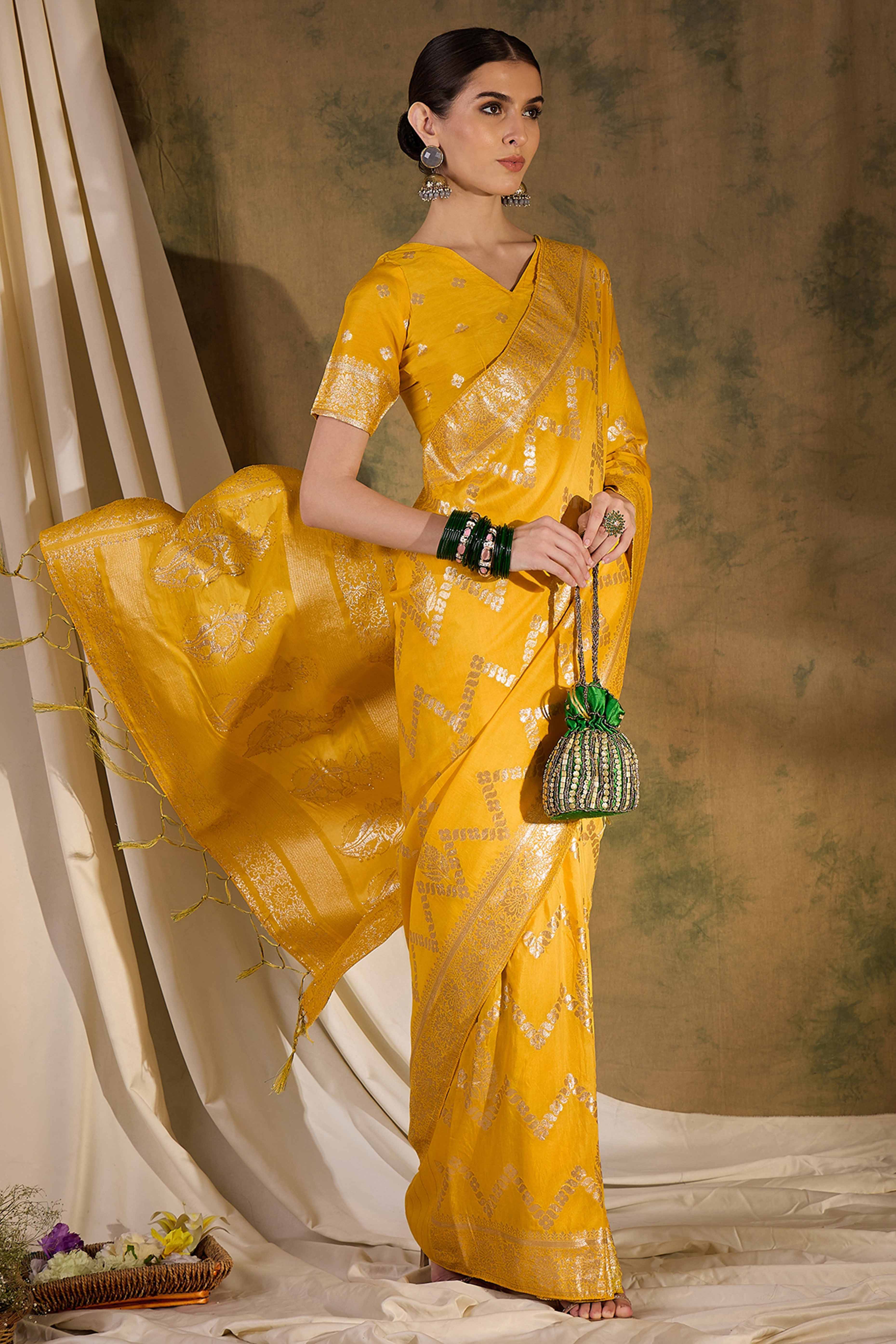 Mustard Cotton Blend Jacquard Saree Adorned With Floral Weaving & Graceful Tassel Pallu